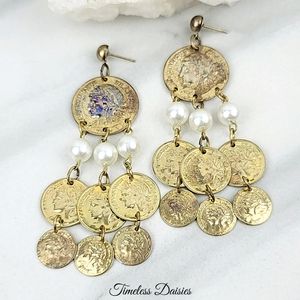 •SOLD• Vintage French Coin Gold Pearl Dangle Earrings Gypsy Boho Chandelier